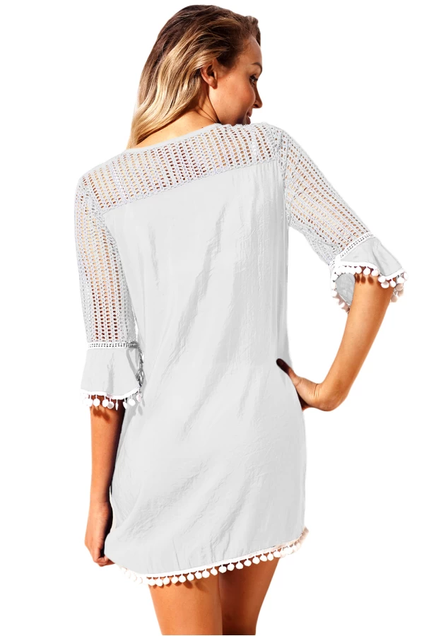 White Crochet Insert  Pom Pom Trim Tunic Cover Up Dress 